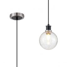 Plattsburgh 1.3m Pendant, 1 Light E14 IP44 With 15cm Round Crackled Glass Shade, Satin Nickel, Clear & Satin Black
