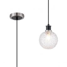Plattsburgh 1.3m Pendant, 1 Light E14 IP44 With 15cm Round Textured Crumple Glass Shade, Satin Nickel, Clear & Satin Black
