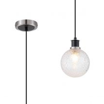 Plattsburgh 1.3m Pendant, 1 Light E14 IP44 With 15cm Round Dimpled Glass Shade, Satin Nickel, Clear & Satin Black