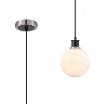 Plattsburgh 1.3m Pendant E14 IP44 With 15cm Round White & Grey Marble Effect Glass Shade, Satin Nickel & Satin Black Framework