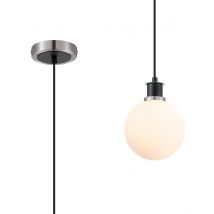 Plattsburgh 1.3m Pendant, 1 Light E14 IP44 With 15cm Round Glass Shade, Satin Nickel, Opal & Satin Black