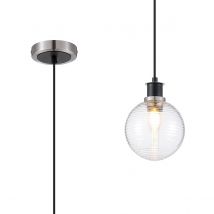 Plattsburgh 1.3m Pendant, 1 Light E14 IP44 With 15cm Round Ribbed Glass Shade, Satin Nickel, Clear & Satin Black
