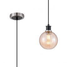 Plattsburgh 1.3m Pendant, 1 Light E14 IP44 With 15cm Round Segment Glass Shade, Satin Nickel, Amber Plated & Satin Black