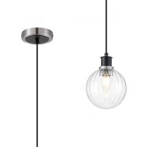Plattsburgh 1.3m Pendant, 1 Light E14 IP44 With 15cm Round Segment Glass Shade, Satin Nickel, Clear & Satin Black