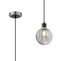 Plattsburgh 1.3m Pendant E14 IP44 With 15cm Round Textured Smooth/Ribbed Glass Shade, Satin Nickel, Smoke Plated & Satin Black