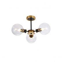 Plattsburgh Semi Ceiling, 3 Light E14 IP44 With 15cm Round Glass Shade, Brass, Clear & Satin Black