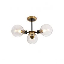Plattsburgh Semi Ceiling, 3 Light E14 IP44 With 15cm Round Crackled Glass Shade, Brass, Clear & Satin Black