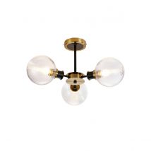 Plattsburgh Semi Ceiling, 3 Light E14 IP44 With 15cm Round Ribbed Glass Shade, Brass, Clear & Satin Black