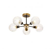 Plattsburgh Semi Ceiling, 5 Light E14 IP44 With 15cm Round Textured Crumple Glass Shade, Brass, Clear & Satin Black