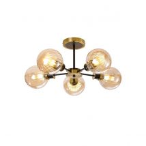 Plattsburgh Semi Ceiling, 5 Light E14 IP44 With 15cm Round Segment Glass Shade, Brass, Amber Plated & Satin Black