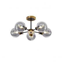 Plattsburgh Semi Ceiling, 5 Light E14 IP44 With 15cm Round Textured Smooth/Ribbed Glass Shade, Brass, Smoke Plated & Satin Black