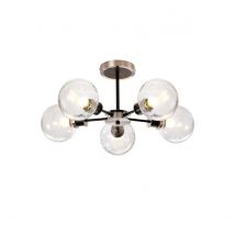 Plattsburgh Semi Ceiling, 5 Light E14 IP44 With 15cm Round Crackled Glass Shade, Satin Nickel, Clear & Satin Black