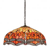 Dragonfly Tiffany 3 Light Large Ceiling Pendant Bronze, Red