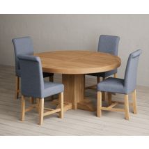Helmsley 150cm Round Oak Dining Table with 8 Blue Scroll Back Chairs