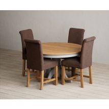 Hertford 120cm Fixed Top Oak and Light Grey Painted Dining Table with 4 Blue Scroll Back Chairs