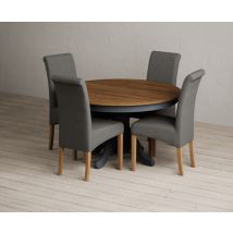 Hertford 120cm Fixed Top Oak and Dark Blue Painted Dining Table with 6 Grey Scroll Back Chairs