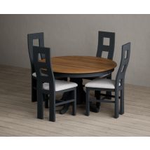 Hertford 120cm Fixed Top Oak and Dark Blue Painted Dining Table with 4 Brown Painted Chairs