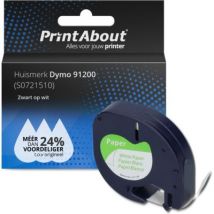 PrintAbout huismerk Tape 91200 (S0721510) Zwart op wit (12 mm) Geschikt voor Dymo