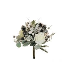 Rose Ouverte, Baies, Pommes De Pin, Chardon, Mélange De Pins, Bouquet D'eucalyptus X7 Avec Neige En Coton, Collection Enchantée