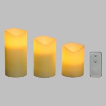 Jeu de 3 bougies lumineuses en cire ivoire flamme 3D piles 10-12,5-15cm LED blanc chaud Lotti