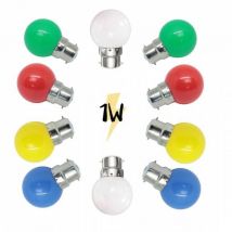 Lot de 10 Ampoules Guinguette B22 1W Multicolores et blanc chaud LED à baïonnettes plastique professionnelle