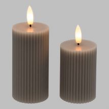Lot de 2 Bougies striées LED Cylindriques Cire Gris taupe flamme 3D On-Off Timer Lotti