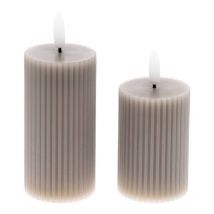 Lot de 2 Bougies striées LED Cylindriques Cire Gris taupe flamme 3D On-Off Timer Lotti