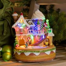 Village de Noël à LED Maison en Pain D'épice Ginger Bread House H21cm 2 Mouvements de Rotation Personnages avec Musique Lotti