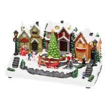 Village de Noel lumineux avec petit train en mouvement, Personnages et Sapin en Rotation 32xH28cm avec Musique Lotti