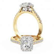 A stunning radiant cut diamond halo with shoulder stones in 18ct yellow & white gold