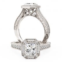 A stunning radiant cut diamond halo with shoulder stones in 18ct white gold