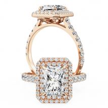 A stunning radiant cut diamond double halo set in 18ct rose gold