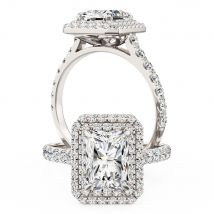 A stunning radiant cut diamond double halo set in 18ct white gold