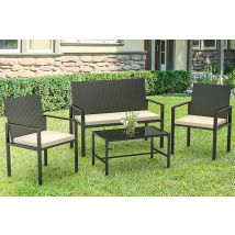 4 Pieces Garden Furniture Rattan Patio Set with 2 Armchairs, 1 Double Seat Sofa and 1 Table Black