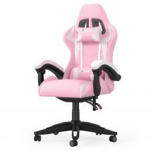 Ergonomic Gaming Chair with Headrest and Lumbar Pillow Rotatable Home PU Leather Office Chair Pink/White