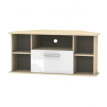 Welcome Furniture Ready Assembled Contrast Corner Tv Unit In White Gloss &#38; Bardolino Oak