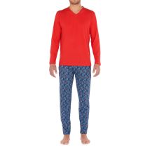 Hom - Pyjama Long Hom Lugano En Coton : Tee-shirt Manches Longues Col V Rouge Et Pantalon à Motif Multicolore - Multicolore