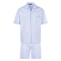 Guasch - Pyjama Court Guasch En Coton : Chemise Et Short Bleu Ciel à Micro Motifs Bleu Clair Et Rouges -