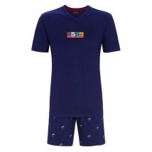 Ringella - Pyjama Court Ringella En Coton : Tee-shirt Col V Bleu Marine Floqué Et Short Bleu Marine à Motifs Palmiers Blancs -