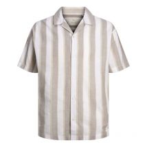 Premium By Jack & Jones - Chemise Premium Coton Et Lin Mélangé Avec Manches Courtes Et Col Français Beige Rayée - Beige