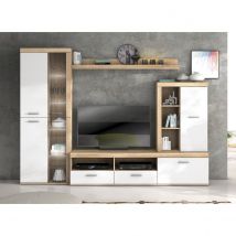 Pegane Ensemble de salon meuble TV + 1 étagère murale + armoire + meuble haut coloris chêne cambrian, blanc