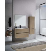 Pegane Meuble de salle de bain avec 2 tiroirs suspendus couleur chêne Nordique avec plan moulé + miroir + colonne - Longueur 80 x Hauteur 56 x Profondeur 46 cm