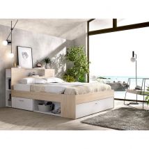 Vente-Unique Lit avec tête de lit rangements et tiroirs - 140 x 190 cm - Coloris : Naturel et blanc - LEANDRE