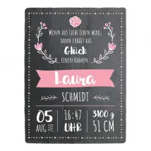 Schild zur Geburt eines Babys mit Geburtsdaten - 15 x 20 cm - Design Mädchen