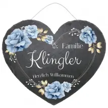Schieferherz Türschild in der Größe 24 cm Design Blue Roses