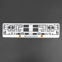 Kennzeichenhalter Klavierlack weiß mit Wunschtext und Logo - Größe 52 cm - pro Stück