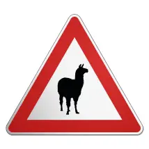 Dreieckiges Verkehrsschild mit Motiv Lama 2