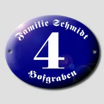 Ovale Hausnummer aus Emaille mit Familienname und Straßenname | 22 x 30 cm