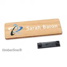 10 Namensschilder aus Holz zum Anstecken - bedruckt mit Ihrem Logo und Wunschtext 7,6 x 2,5 cm