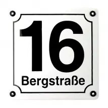 weiße Emaille Hausnummer mit Straßenname 14,8 x 14,8 cm | weiß/schwarz